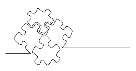 continuous line drawing vector illustration with FULLY EDITABLE STROKE of of four puzzle pieces connected together