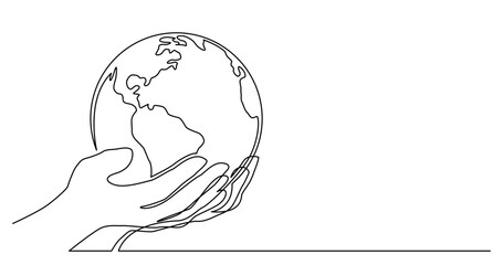 continuous line drawing vector illustration with FULLY EDITABLE STROKE of of human hand holding world planet earth
