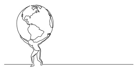 continuous line drawing vector illustration with FULLY EDITABLE STROKE of of man holding the world on his shoulders