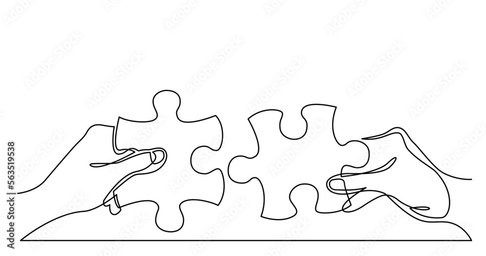 Wall mural continuous line drawing vector illustration with FULLY EDITABLE STROKE of of two hands with puzzle pieces connecting together