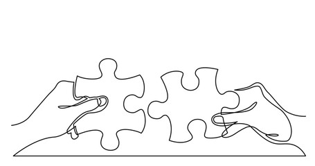 continuous line drawing vector illustration with FULLY EDITABLE STROKE of of two hands with puzzle pieces connecting together