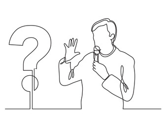 continuous line drawing vector illustration with FULLY EDITABLE STROKE of presenter speaking about question