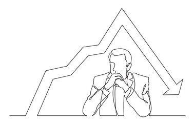 continuous line drawing vector illustration with FULLY EDITABLE STROKE of seriously thinking man with declining chart