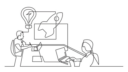 continuous line drawing vector illustration with FULLY EDITABLE STROKE of startup brainstorming session