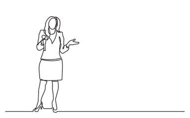 continuous line drawing vector illustration with FULLY EDITABLE STROKE of woman trainer talking with microphone