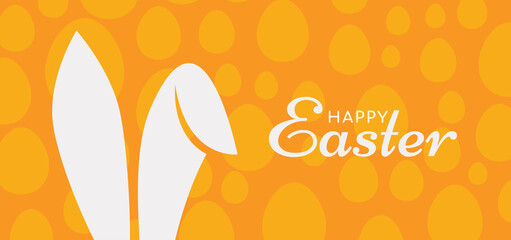 Happy Easter. Banner, poster, greeting card with typography, bunny ears, and eggs. Vector illustration.