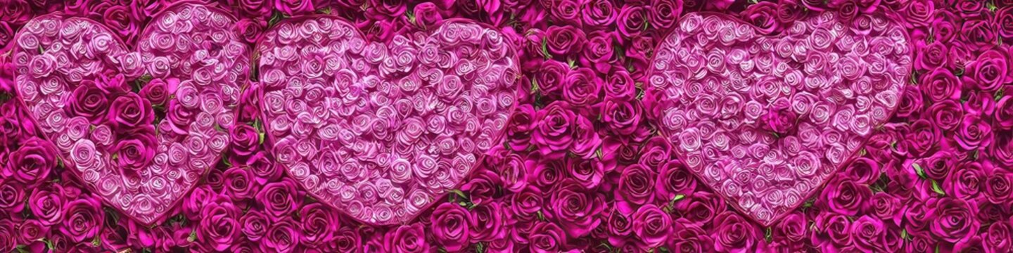 Wide banner with magenta flowers and hearts. Generative AI image