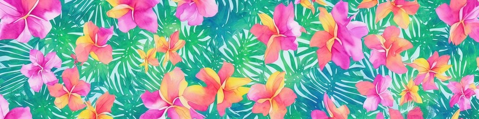 Watercolor flowers - generative AI image of a beautiful watercolor banner with colorful tropical flowers