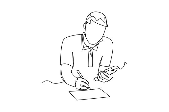 Continuous one line drawing happy man makes budget planner with calculator. Budget planning concept. Single line draw design vector graphic illustration.