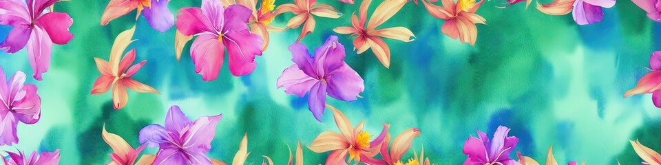 Obraz na płótnie Canvas Watercolor flowers - generative AI image of a beautiful watercolor banner with colorful tropical flowers