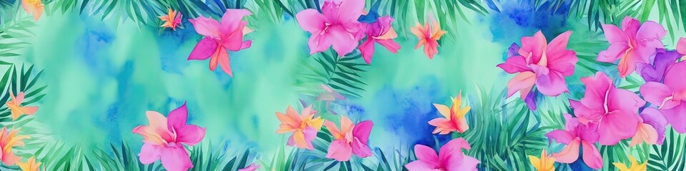 Obraz premium Watercolor flowers - generative AI image of a beautiful watercolor banner with colorful tropical flowers