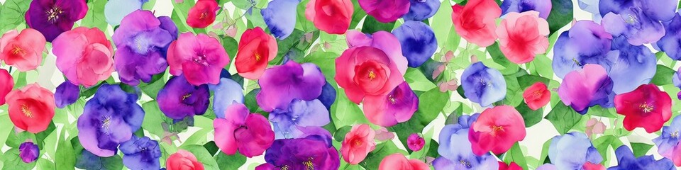 Fototapeta na wymiar Watercolor flowers - generative AI image of a beautiful watercolor banner with colorful tropical flowers