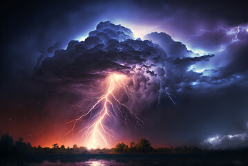 Storm over the lake. Lightning over the water at night Thunderstorm light the dark cloudy sky, AI generative 