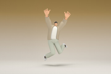 Fototapeta na wymiar A man with glasses wearing brown cloth is jumping. 3d rendering of cartoon character in acting.