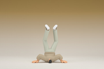 A man with glasses wearing brown cloth.  He is falling down. 3d rendering of cartoon character in acting.