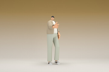 A man with glasses wearing brown cloth. He is expression of hand when talking. 3d rendering of cartoon character in acting.