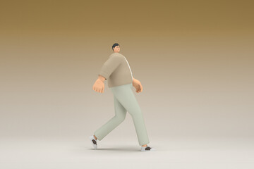 Fototapeta na wymiar A man with glasses wearing brown cloth is walking. 3d rendering of cartoon character in acting.