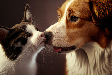 Cute dog and cat playing together at home. Pet love concept, generative ai
