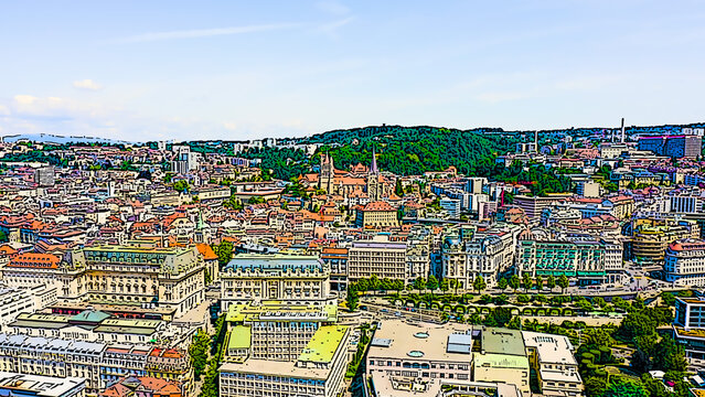 Lausanne, Switzerland. Flight over the central part of the city. La Cite is a district historical centre. Bright cartoon style illustration. Aerial view