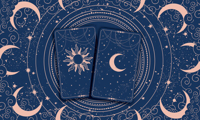 Mystical tarot cards on blue heavenly background with moon and stars. Vintage banner for astrology, zodiac, horoscope, divination. Vector flat banner. - obrazy, fototapety, plakaty