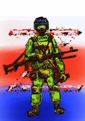 soldier on the background of the national flag.