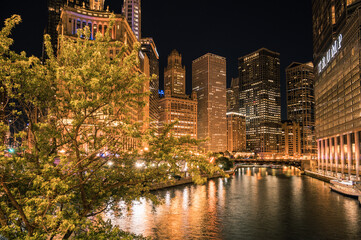 The Chicago River at night, Chicago, IL, USA