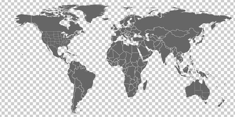 World Map vector. Gray similar world map blank vector on transparent background.  Gray similar world map with borders of all countries and States of USA map, and States of Australia map. High quality  - obrazy, fototapety, plakaty