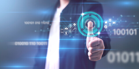 businessman scan fingerprint biometric identity and approval. Finger scanning allows access to security and identification of big Data businesses, bank and Cloud Computers. Idea for E-kyc