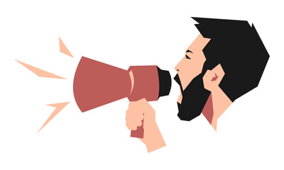 man shouted loudly into speaker. man holding megaphone. concept of demonstration, activist, laborer, worker, etc. vector illustration in flat style. geometric vector.