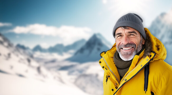 A Fictional Mature Person With Winter Bonnet And A Yellow Jacket In The Mountains. Illustration Of A Man With Beard Smiling Generated By AI.