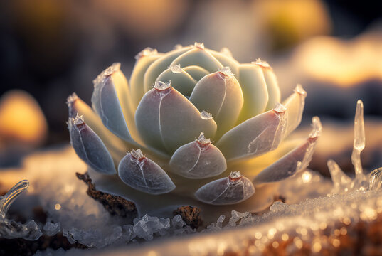 a succulent was frozen in clear ice, the background is bokeh a beautiful landscape. made with generative AI