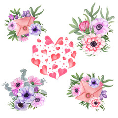Watercolor set with anemones isolated on white background. Floral elements for create Valentines day, birthday and mothers day cards, wedding invitation, for wrapping paper or textiles.