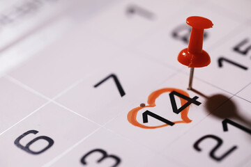 Valentines day. Calendar with circled date february 14.