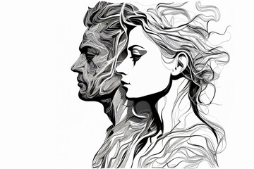 Fototapeta premium Thoughtful abstract line-art of woman and man.