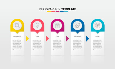 Business infographic template process with simple geometry square, rectangle, circle, triangle, curves in flat design template with thin line icons and 5 options or steps. Vector illustration.