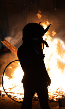 Contra jour shots of kukeri at Batanovtsi 2023 the famous international kukeri festival taking place before the annual Surva mascarade 