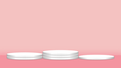 Pink 3D room with realistic cylinder pedestal podium. Minimal scene for product display presentation. Stage for showcase. Vector geometric design platform.

