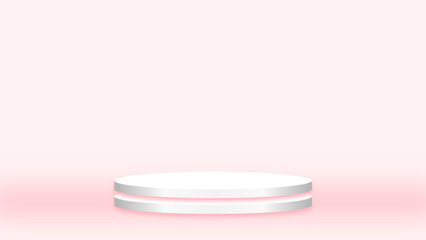 Pink 3D room with realistic cylinder pedestal podium. Minimal scene for product display presentation. Stage for showcase. Vector geometric design platform.
