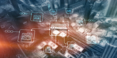 Industry 4.0 Smart technology concept. Automated machinery controlled via internet network