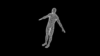 3D man body model consisting of particles and dots rotates 3 axes 60 FPS. Science concept, object made of molecules. Tutorial Video. Abstract bg for logo, title, concept, presentation. 3D animation.