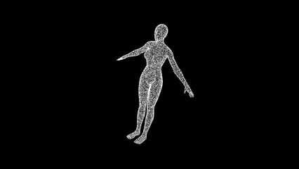 3D woman body model consisting of particles and dots rotates 3 axes 60 FPS. Science concept, object made of molecules. Tutorial Video. Abstract bg for logo, title, concept, presentation. 3D animation.