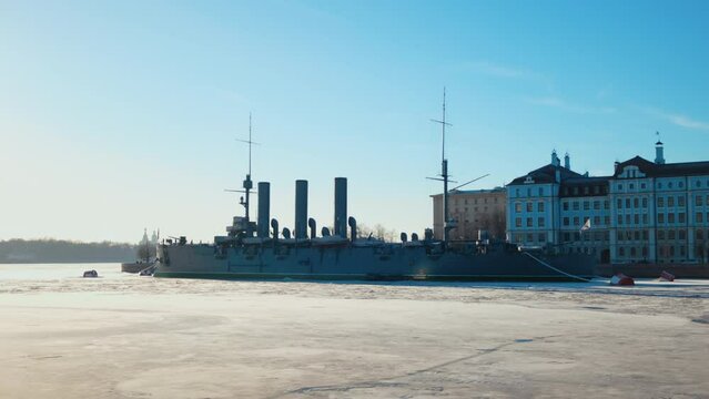 ship aurora in winter in st. petersburg. cruiser of the 1st rank of the Baltic Fleet of the type "Diana". pre-revolutionary cruiser. Russian empire. Saint Petersburg