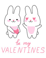 Card with love couple rabbit. Concept valentines day. Cute kawaii bunny. Be my valentines.