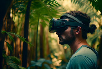 A man wearing VR headset outside in the forest. Generative AI.