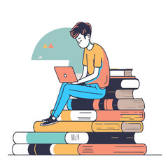 Student writing on laptop, sitting on books. Conceptual student on macbook vector graphic illustration with transparent background