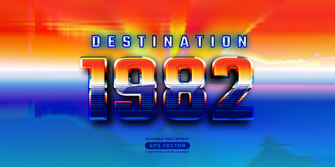 Destination 1982 editable text style effect in retro look design with experimental background ideal for poster, flyer, logo, social media post and banner template promotion