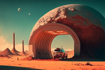 A drive-through restaurant on Mars. Digital art created using generative AI.