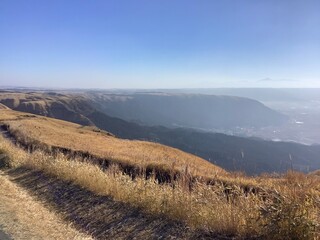 Landscape of the outer rim of the Mount Aso caldera in Kumamoto, Japan