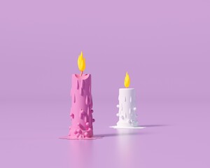 Realistic burning pink and white candles on purple background. 3D candles with melting wax. Flame, on purple background. 3D illustration.