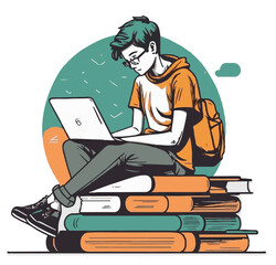 Student writing on laptop, sitting on books. Conceptual student on macbook vector graphic illustration with transparent background